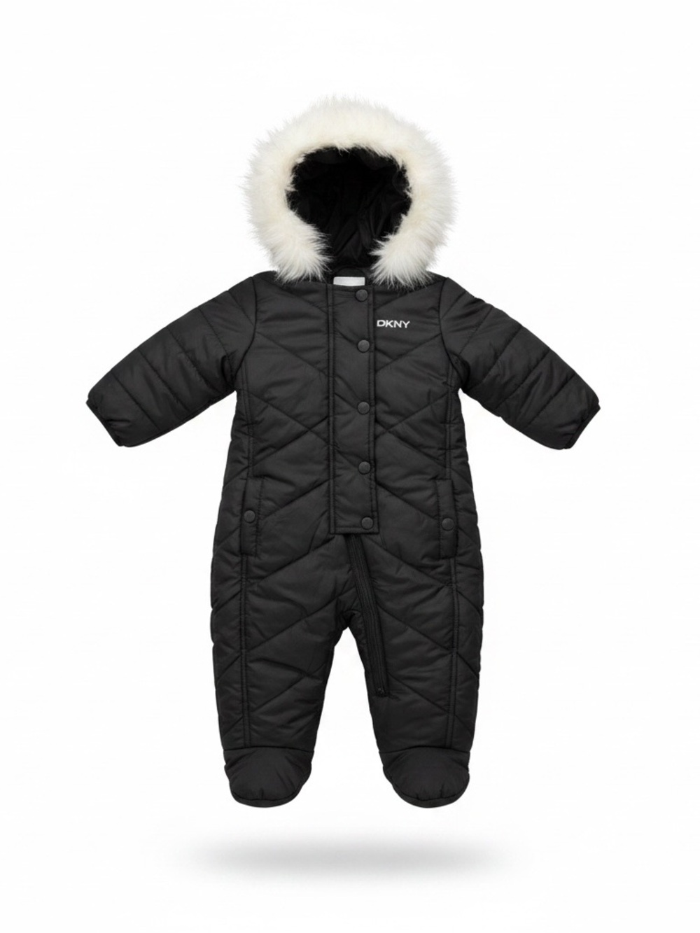 DKNY - NWOT Black Quilted Kids Jacket Snowsuit Bunting Bag with Fur Trim
